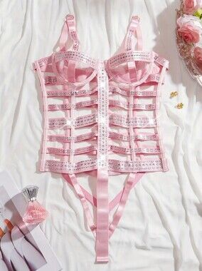 Pink Satin Strappy Caged Rhinestone  Bodysuit W/Semi Open Bust & Back Zip (MT-L)